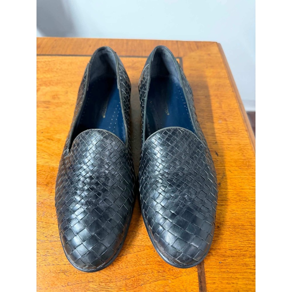 Vtg 90s Worthington Womens 7.5M Navy Loafers Woven Leather Slip On Flats Brazil